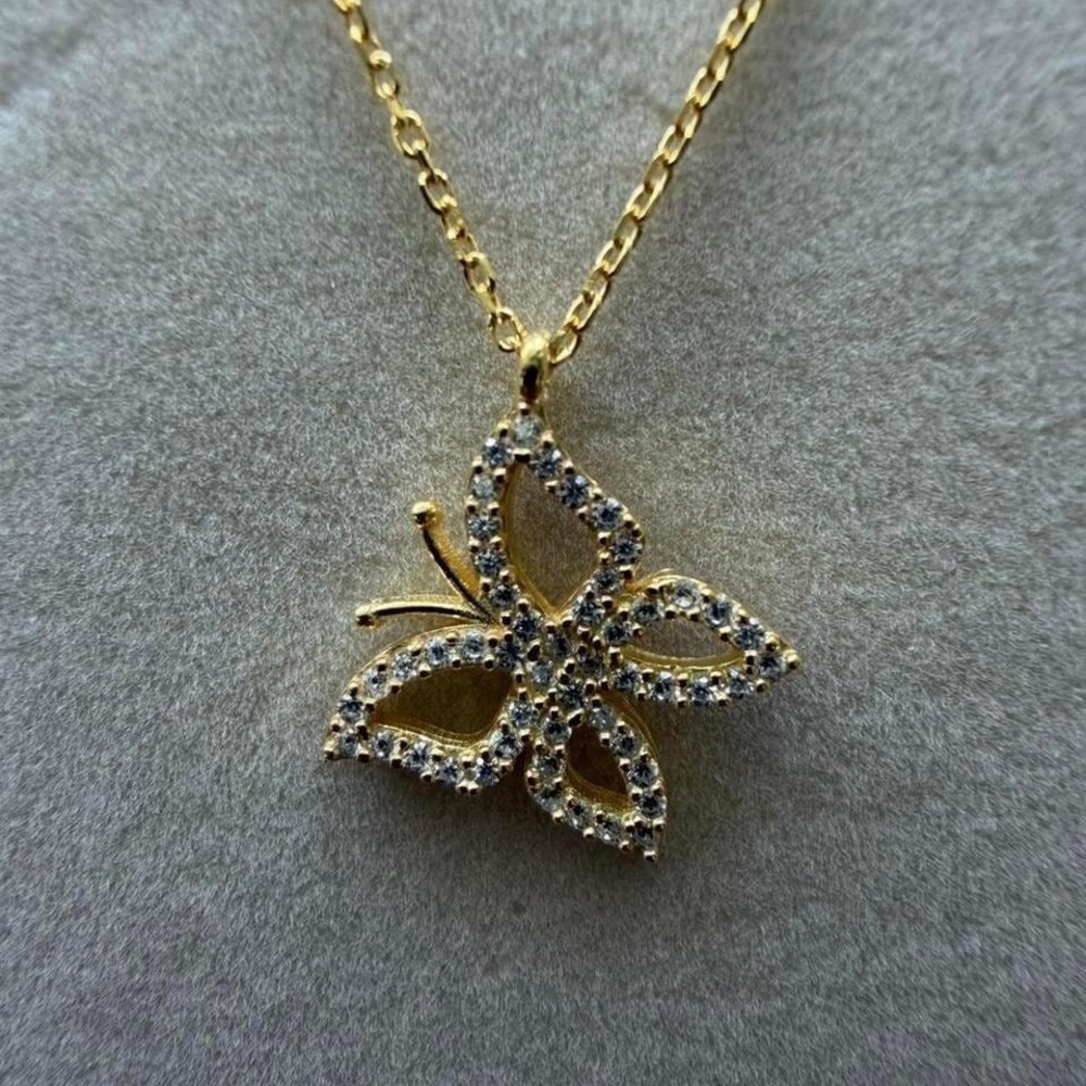 Gold Butterfly Pendant Necklace Pavé Crystal Charm Dainty Jewelry